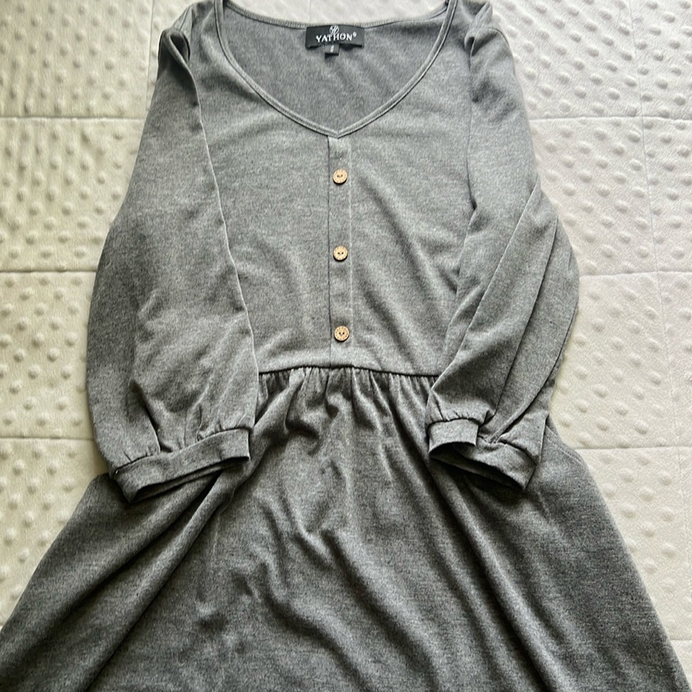 Grey half button down dress, with mid length sleeves
